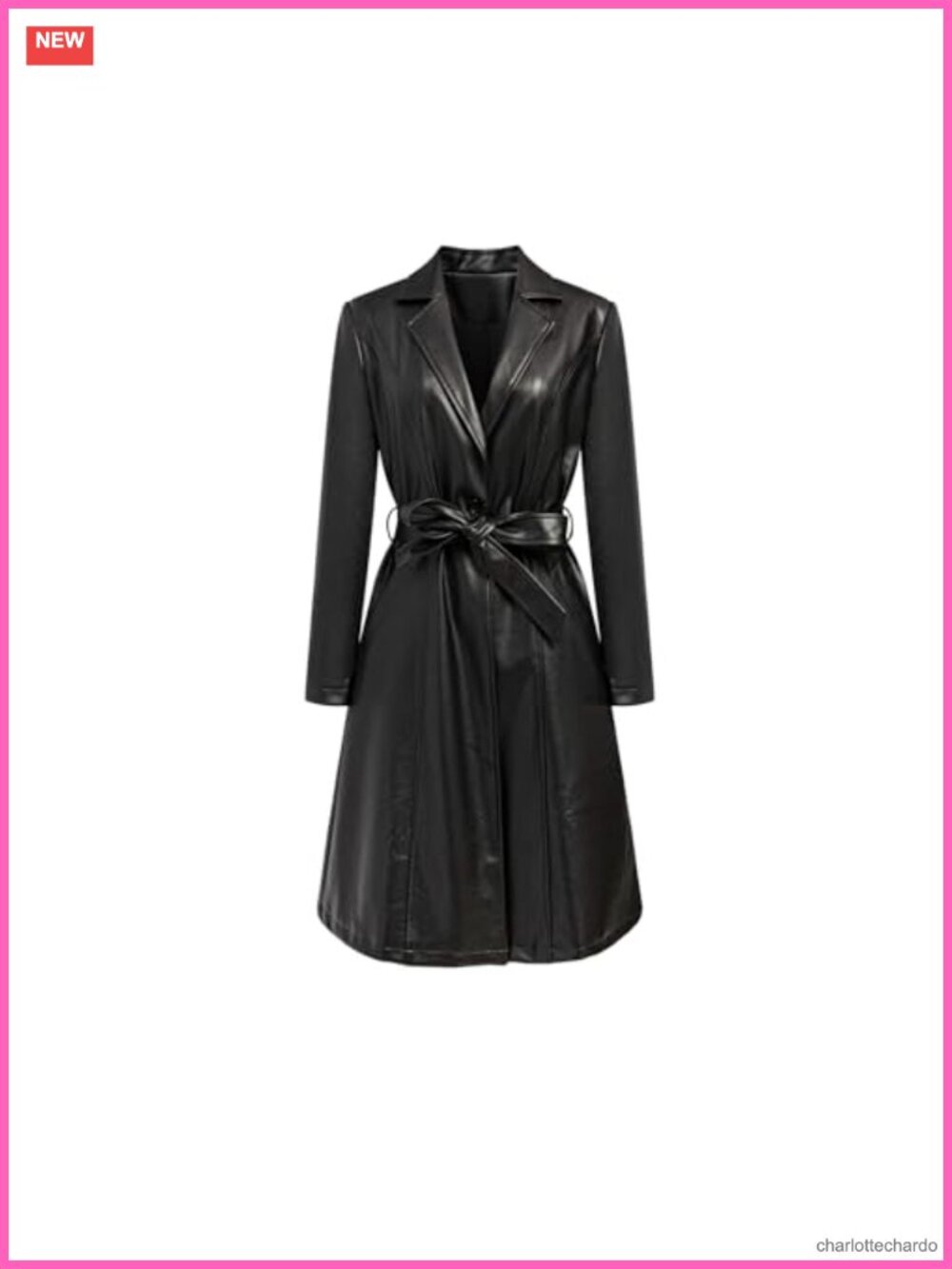 Mid Length Faux PU Leather Trench Coat Long Sleeve Belted Motorcycle Biker